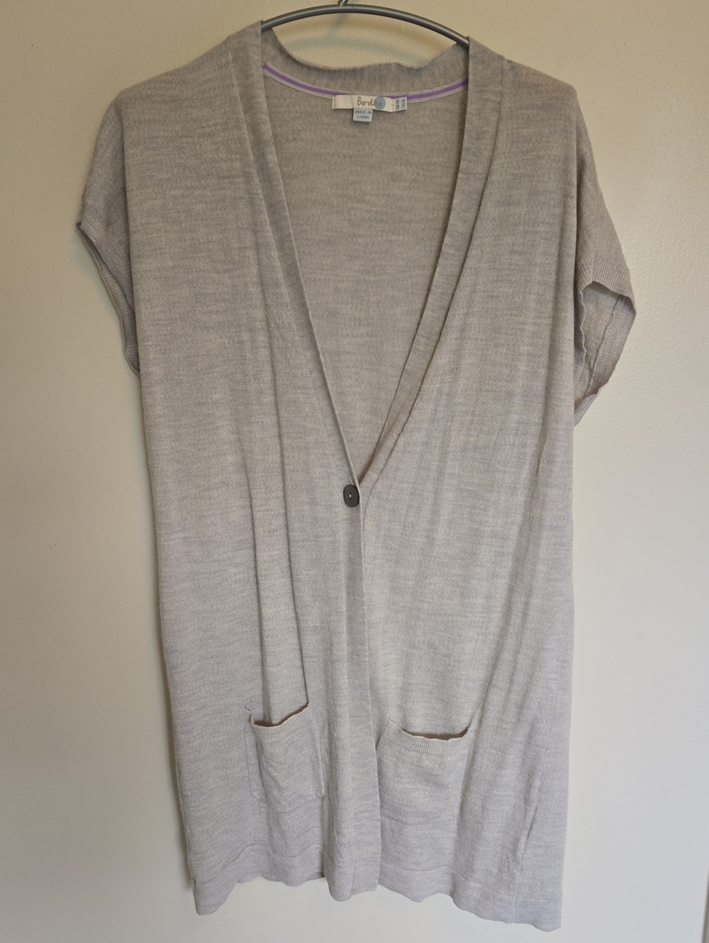 Boden 100% Wool Light Gray V-Neck Short Sleeve Knit Cardigan Sweater 16 Pockets